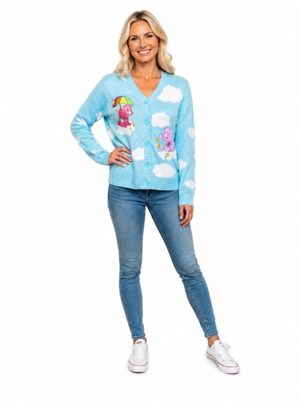 Care Bears Cloud Knit Cardigan Blue White Clouds Size Small